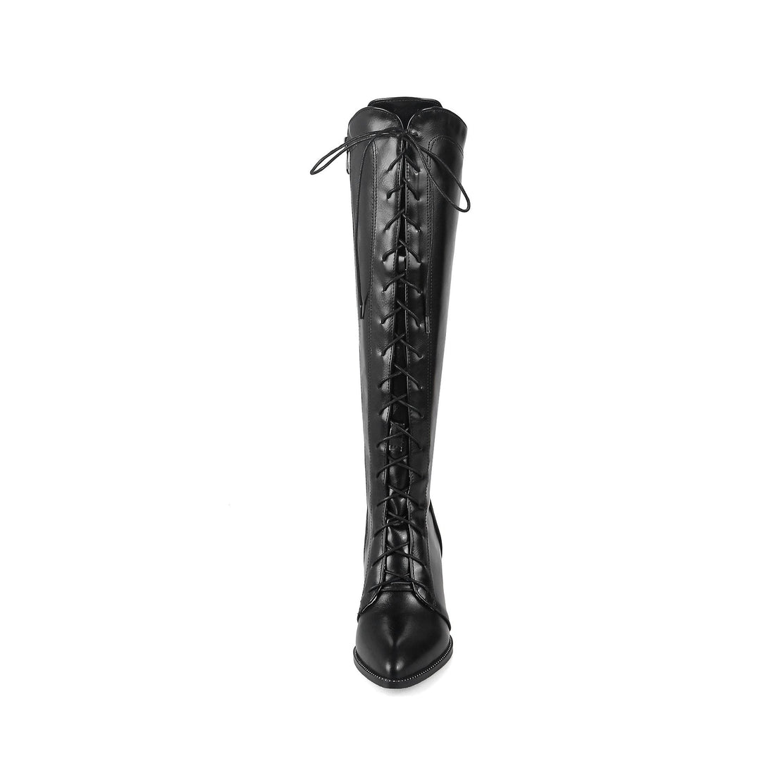 Women pointed toe chunky high heel lace up knee high boots