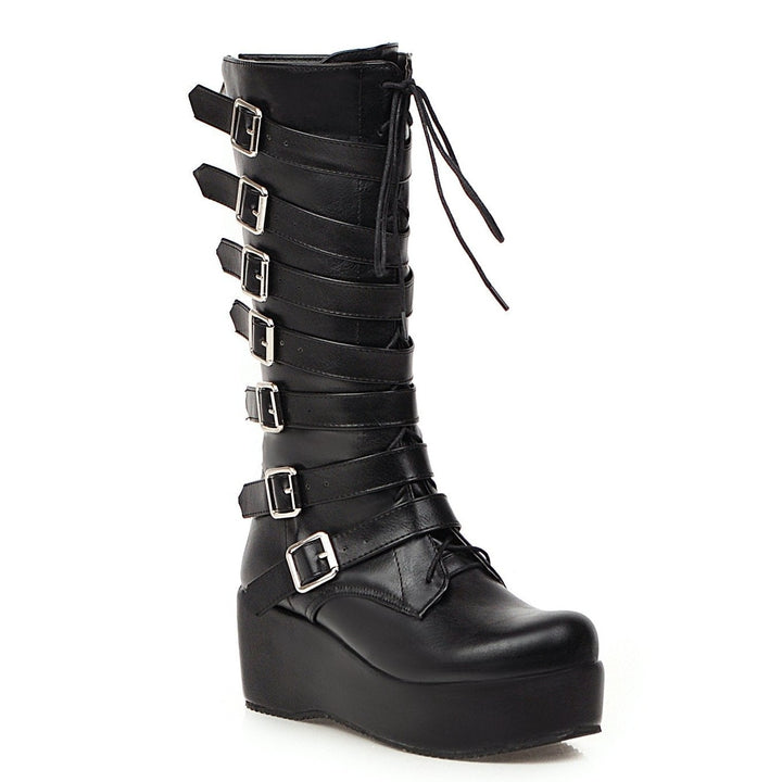 Size 12 Black punk chunky platform boots with multi buckle straps