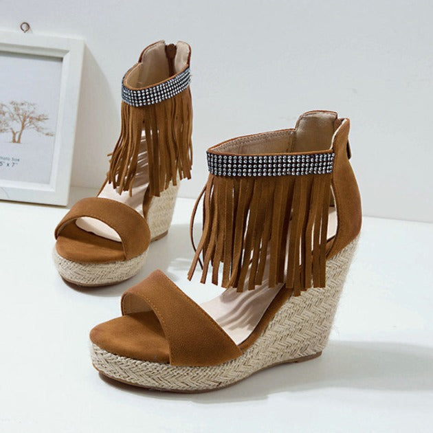 Size 12 espadrille platform wedge sandals with ankle tassels 4 inch heels