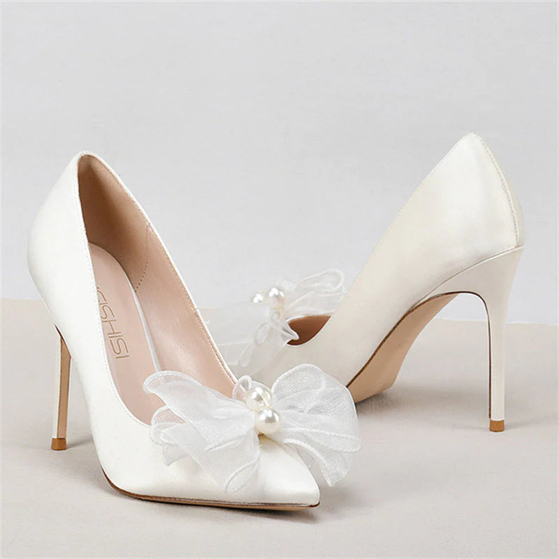 Size 12 white satin bridal stiletto pumps with bow