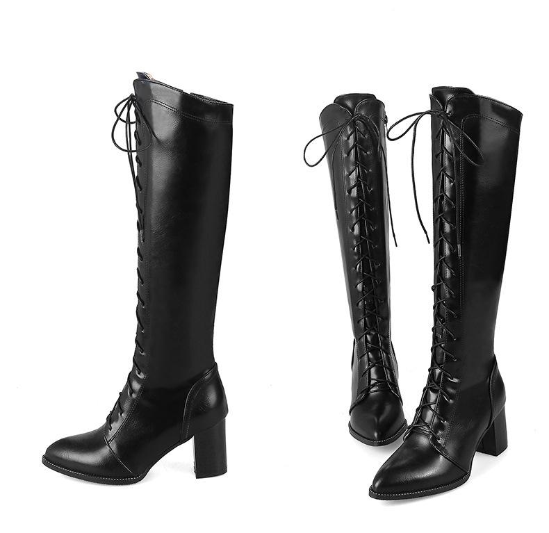 Women pointed toe chunky high heel lace up knee high boots