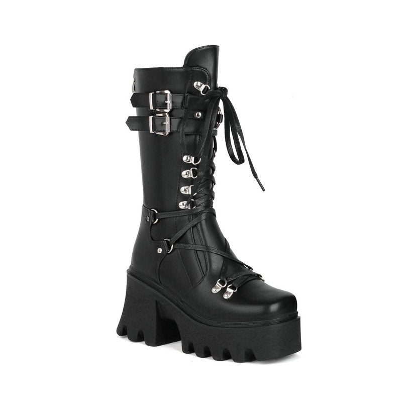 Size 11 Black punk chunky platform lace-up mid calf boots