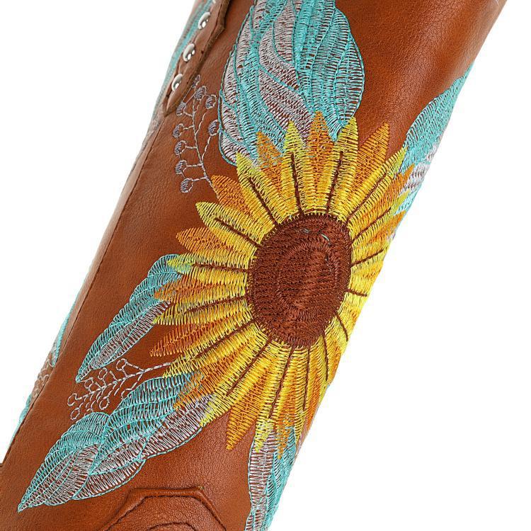 Size 14 brown ethnic flower embroidery mid calf cowboy boots