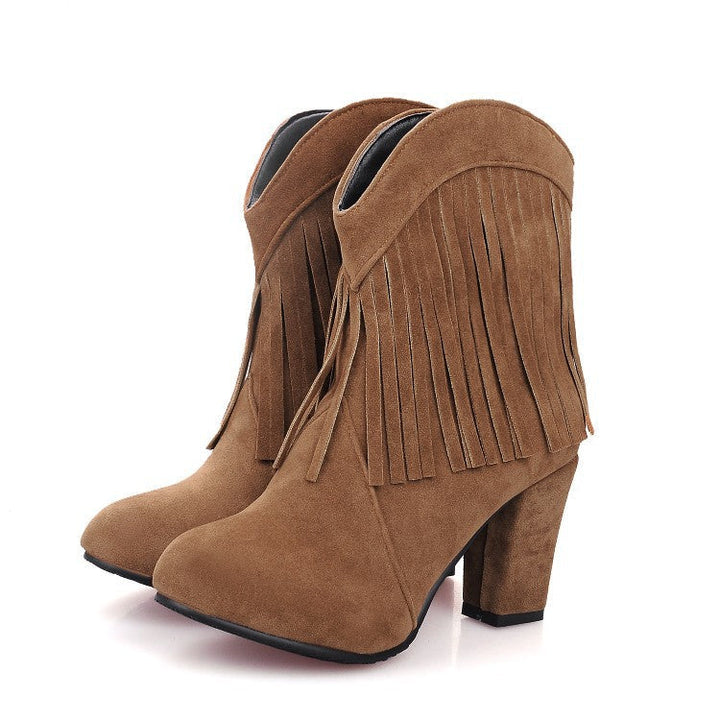 Size 13 faux suede tassels chunky high heels booties