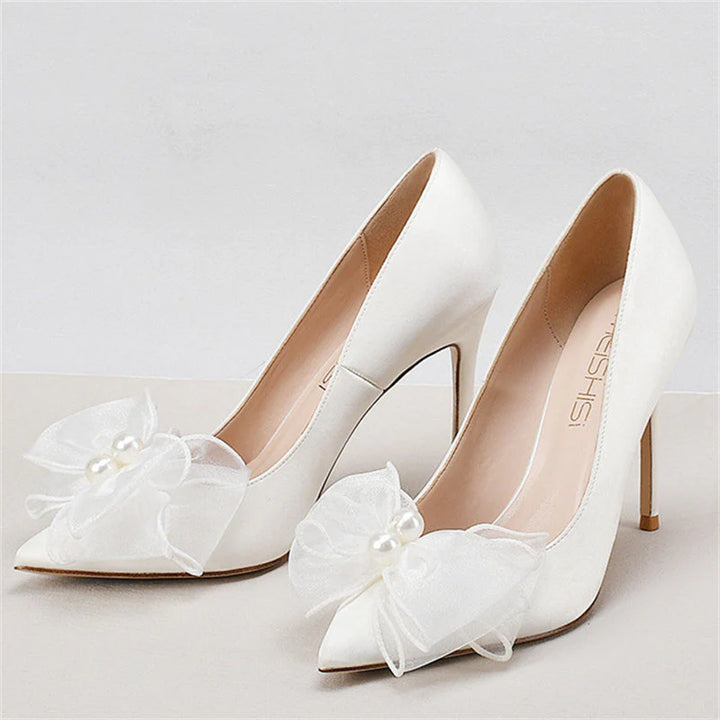 Size 12 white satin bridal stiletto pumps with bow