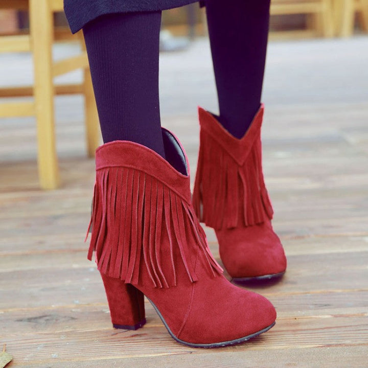 Size 13 faux suede tassels chunky high heels booties