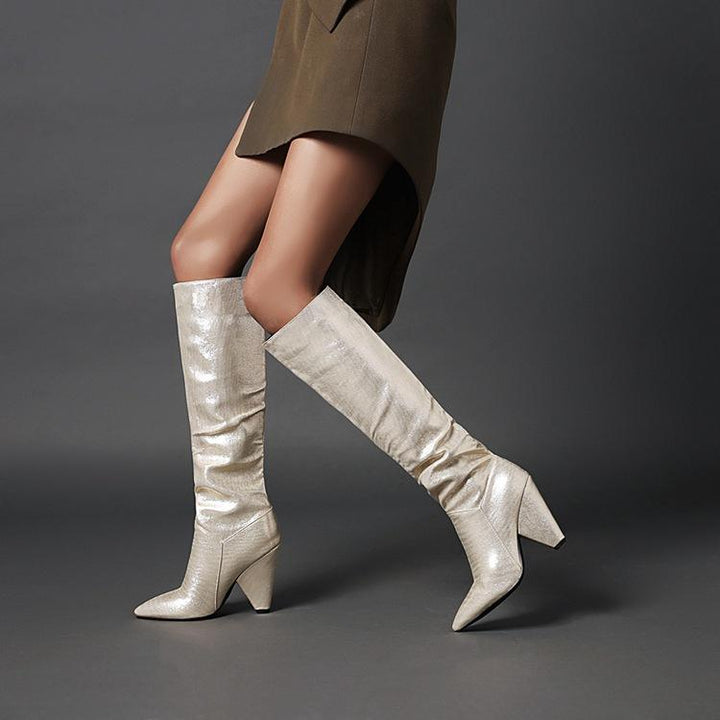 Women fashion pointed toe chunky heel slouch knee high boots