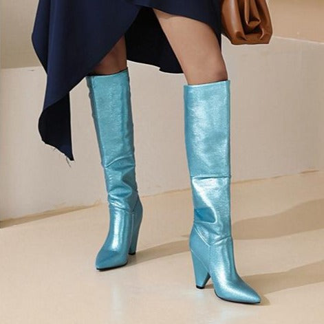 Women fashion pointed toe chunky heel slouch knee high boots