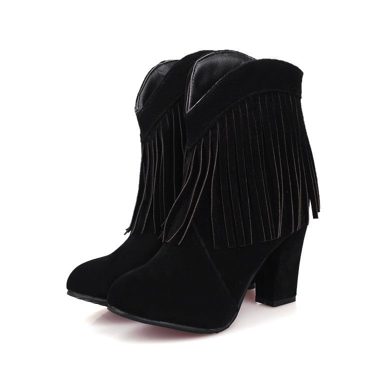 Size 13 faux suede tassels chunky high heels booties