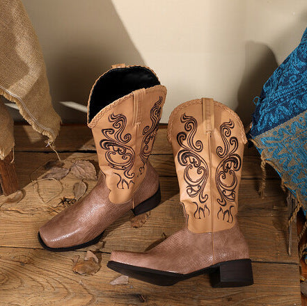 Size 14 retro embroidery block heels under the knee cowboy boot