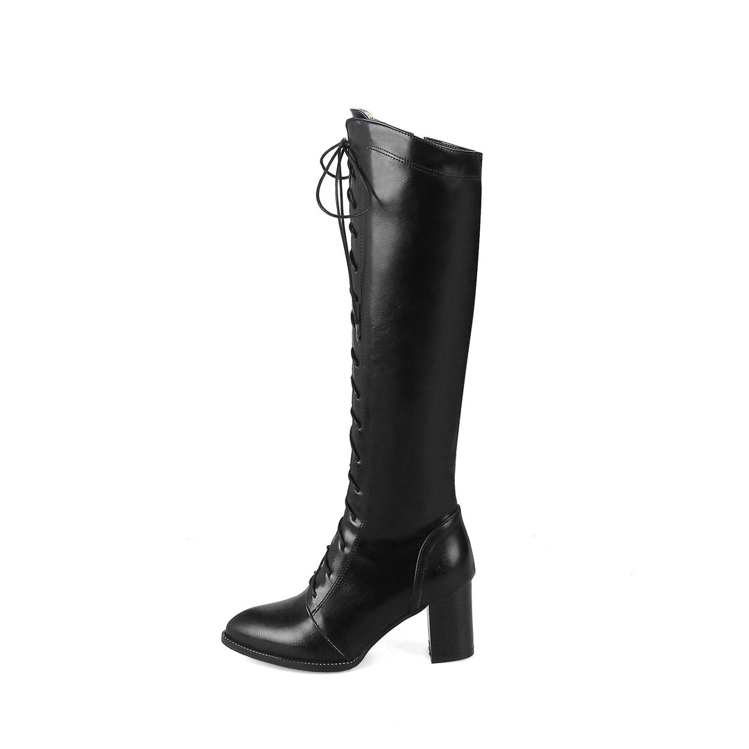 Women pointed toe chunky high heel lace up knee high boots