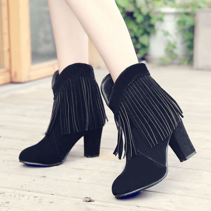 Size 13 faux suede tassels chunky high heels booties