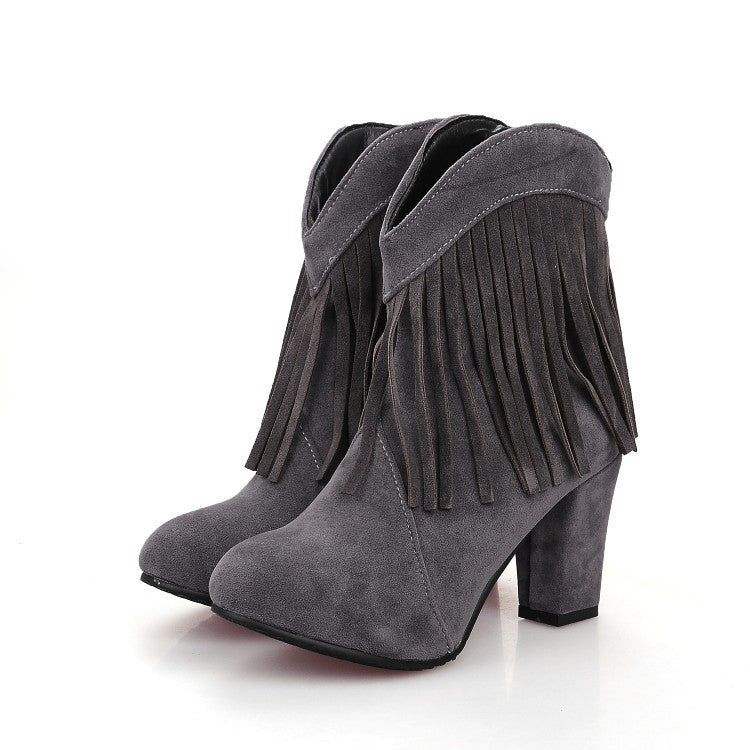 Size 13 faux suede tassels chunky high heels booties