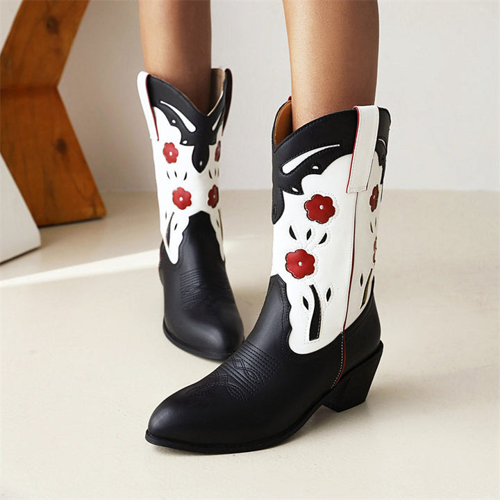 Size 14 black white retro embroidery mid calf cowboy boots