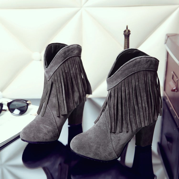 Size 13 faux suede tassels chunky high heels booties