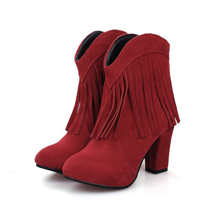 Size 13 faux suede tassels chunky high heels booties