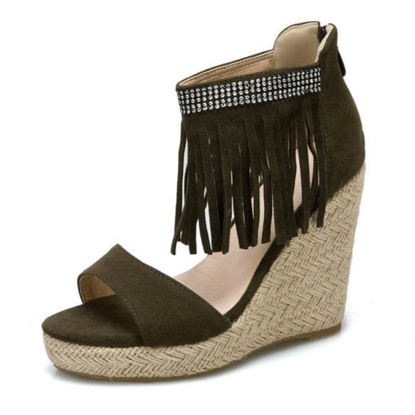 Size 12 espadrille platform wedge sandals with ankle tassels 4 inch heels