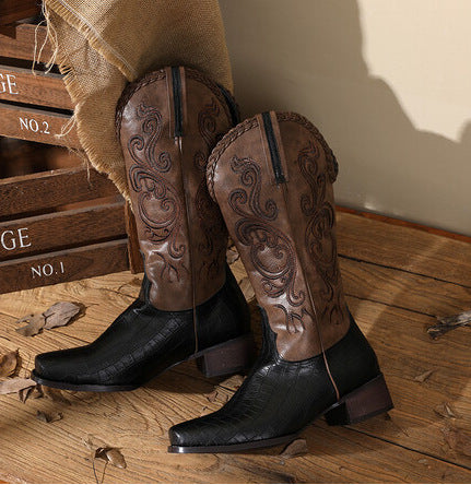 Size 14 retro embroidery block heels under the knee cowboy boot