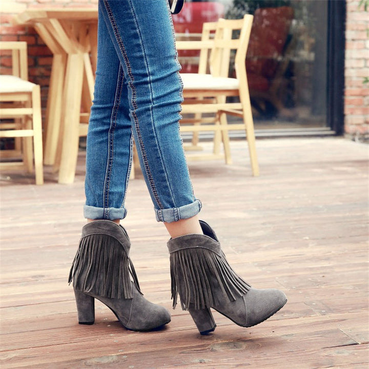 Size 13 faux suede tassels chunky high heels booties