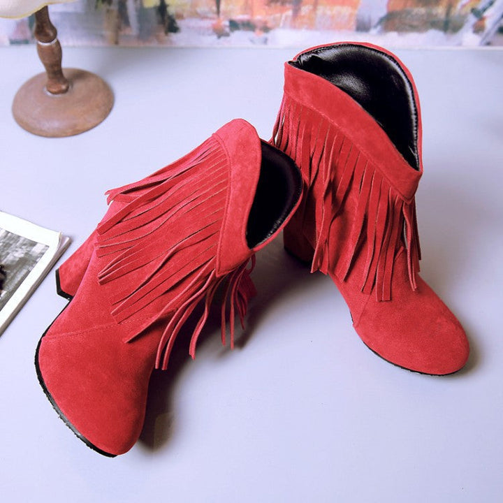 Size 13 faux suede tassels chunky high heels booties