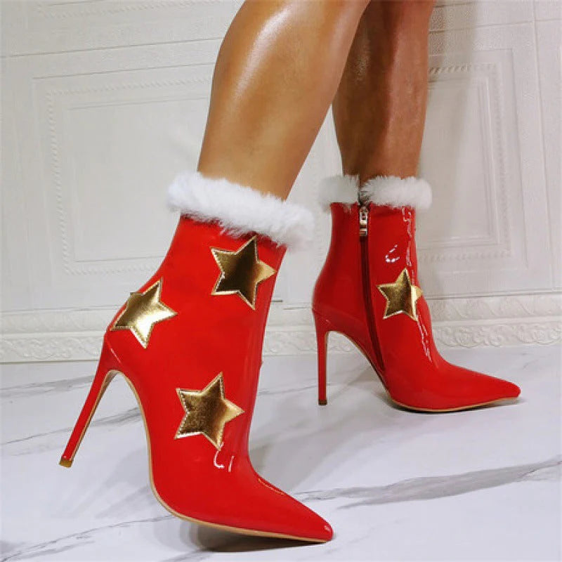 Size 13 red fuzzy trim stars patterned stiletto heels ankle boots for party