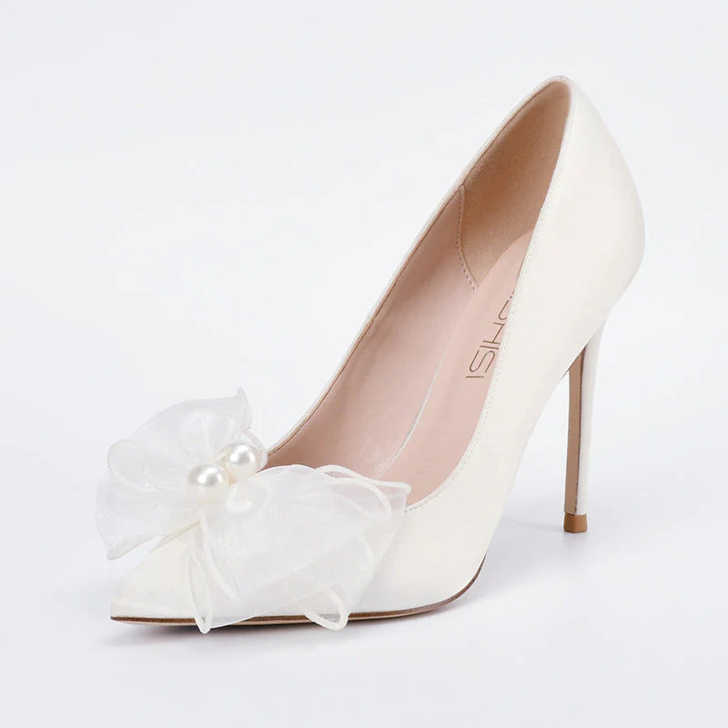 Size 12 white satin bridal stiletto pumps with bow