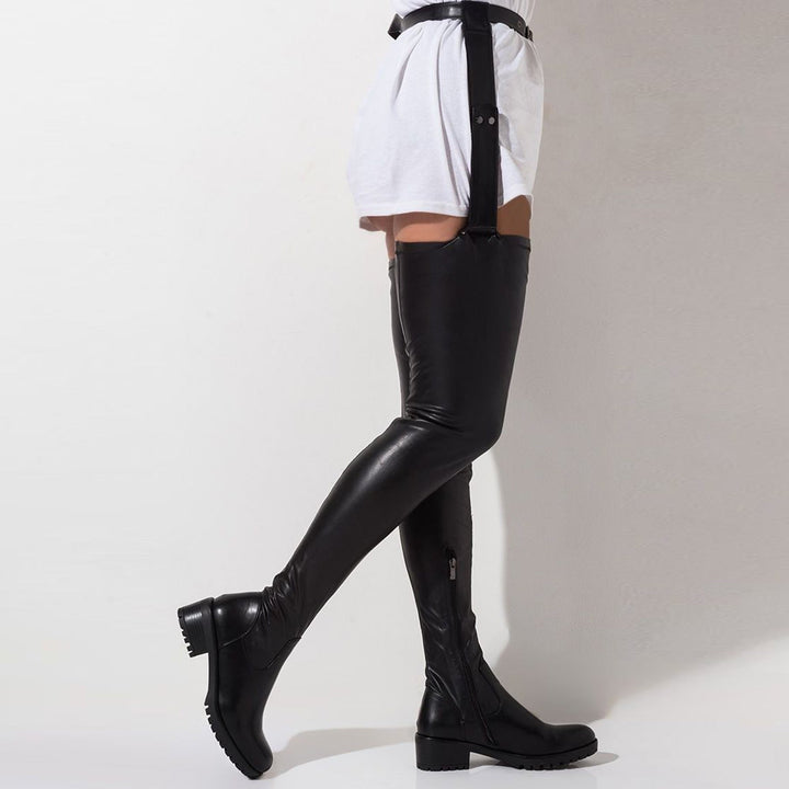 Size 12 block heels waist belted thigh high boots