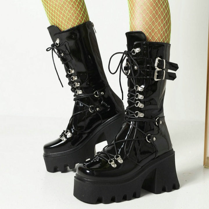 Size 11 Black punk chunky platform lace-up mid calf boots