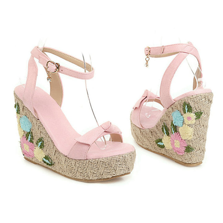 Size 13 cute flower carved espadrille platform wedge sandals with ankle strap