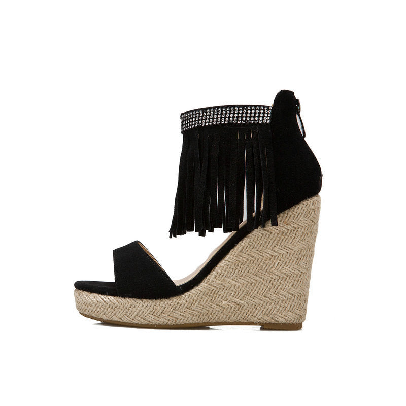 Size 12 espadrille platform wedge sandals with ankle tassels 4 inch heels