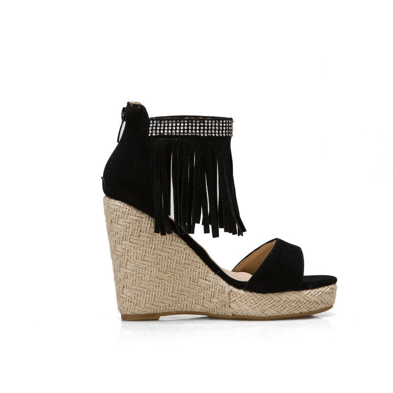 Size 12 espadrille platform wedge sandals with ankle tassels 4 inch heels