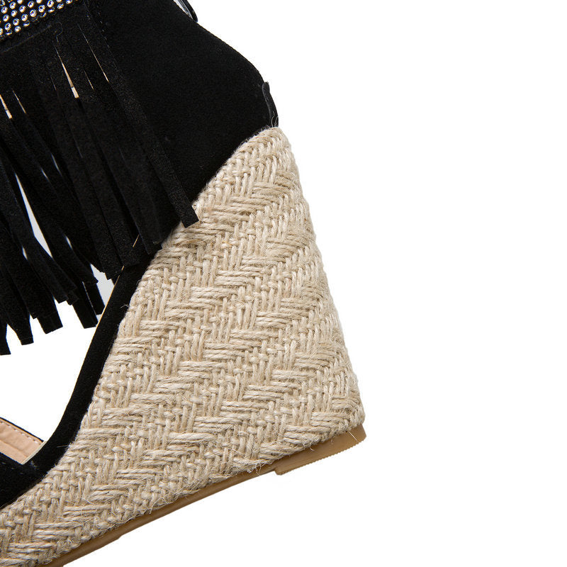 Size 12 espadrille platform wedge sandals with ankle tassels 4 inch heels