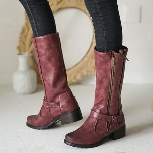 Size 11.5 retro mid calf low heels motorcycle boots