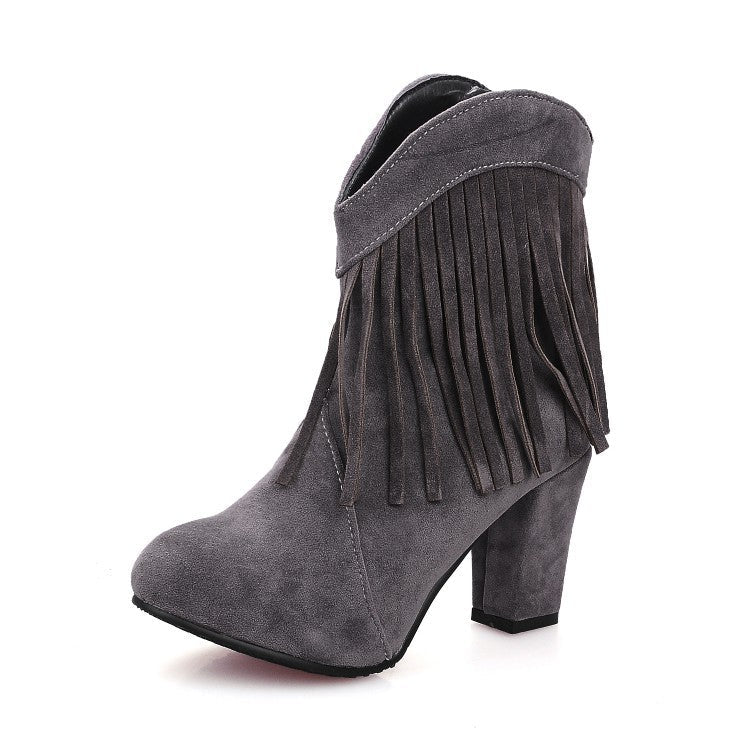 Size 13 faux suede tassels chunky high heels booties