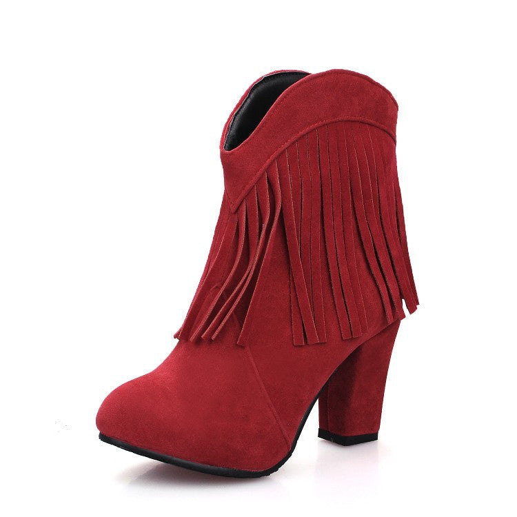 Size 13 faux suede tassels chunky high heels booties