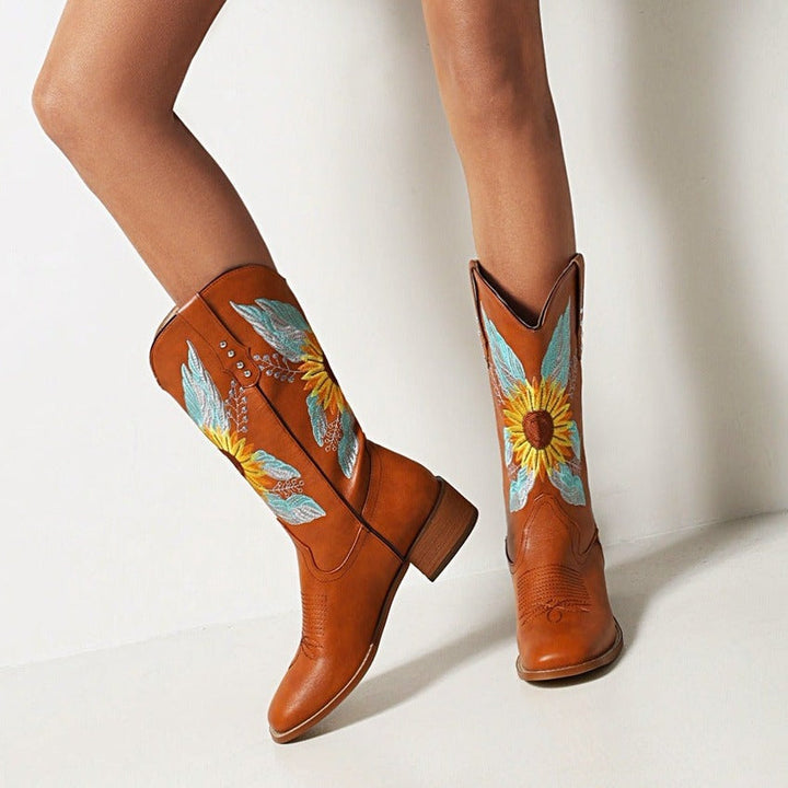 Size 14 brown ethnic flower embroidery mid calf cowboy boots