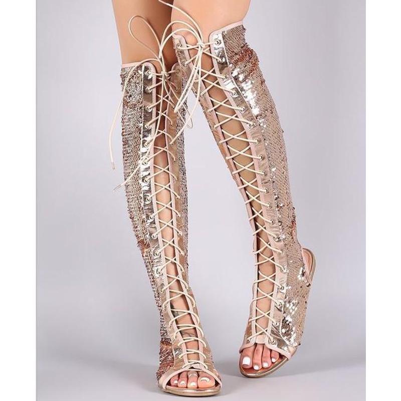 Size 11 sequins shining knee high gladiator sandals peep toe