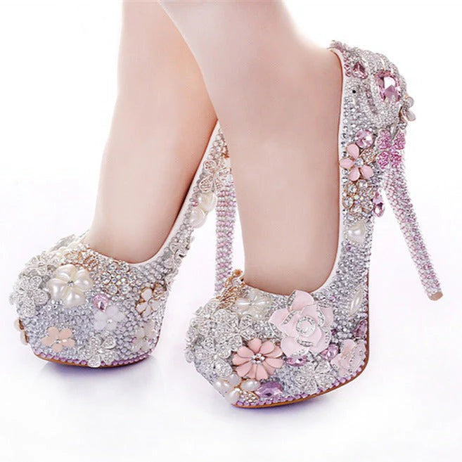 Luxury rhinestone pearls crystal flowers decor light pink stiletto pumps for wedding party banquet