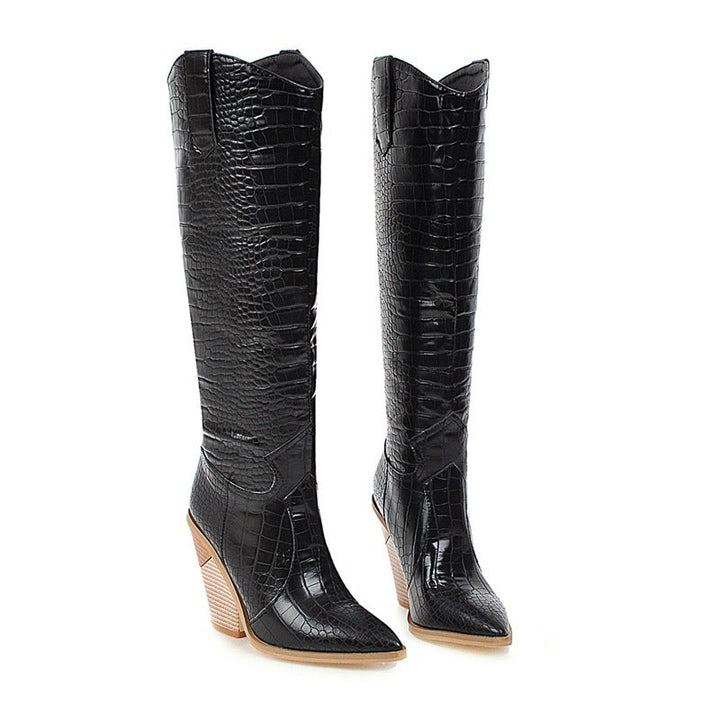 Size 13.5 pull on knee high wedge boots pointed toe