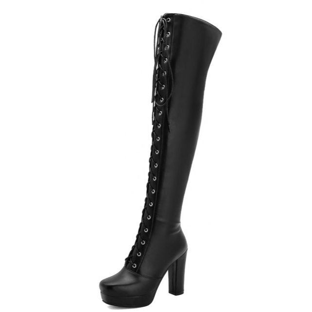 Size 13 chunky platform high heels thigh high combat boots