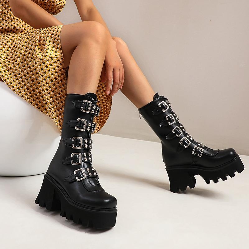 Size 11 punk chunky platform boots with multi buckles