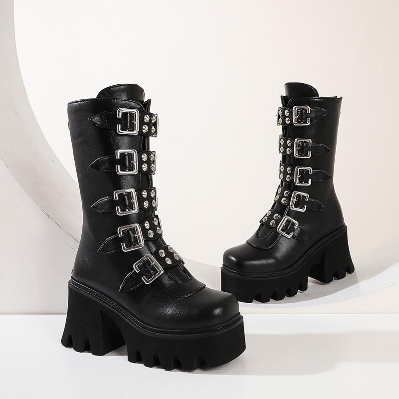 Size 11 punk chunky platform boots with multi buckles