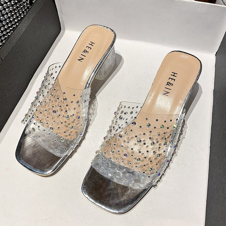 size 11.5 women slide sandals studded peep toe clear heel sandal