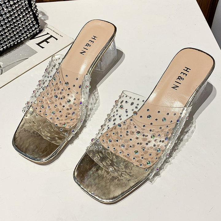 size 11.5 women slide sandals studded peep toe clear heel sandal
