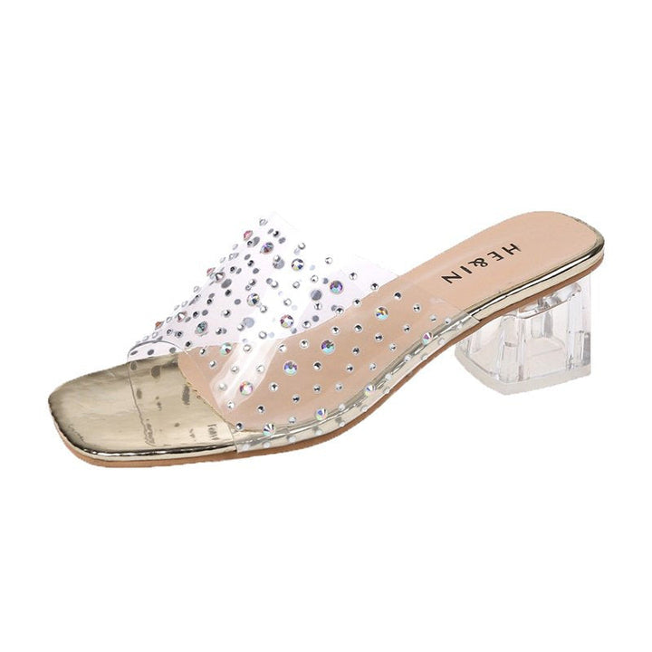 size 11.5 women slide sandals studded peep toe clear heel sandal