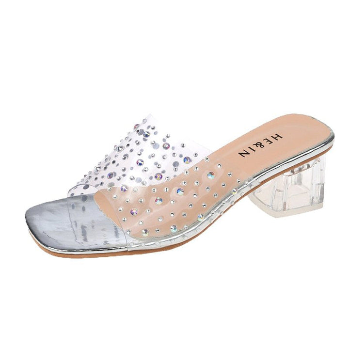 size 11.5 women slide sandals studded peep toe clear heel sandal