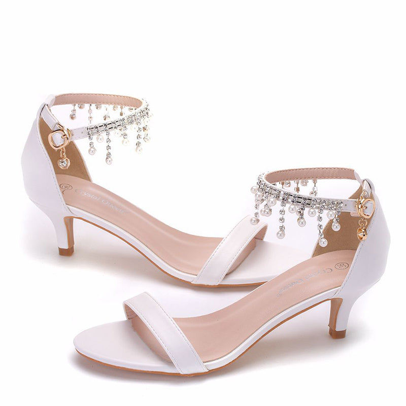 size 11.5 women white sandals kitten heel rhinestone sandals