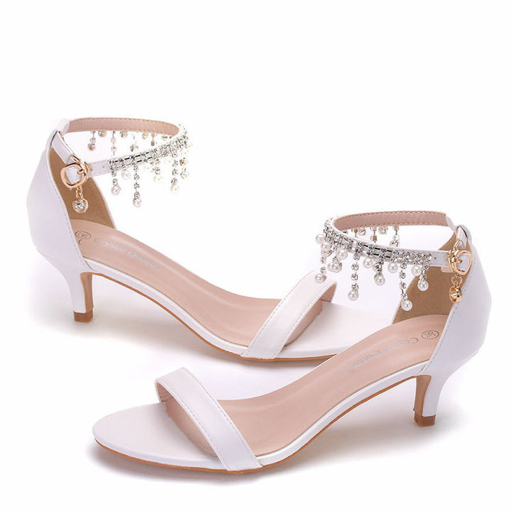 size 11.5 women white sandals kitten heel rhinestone sandals