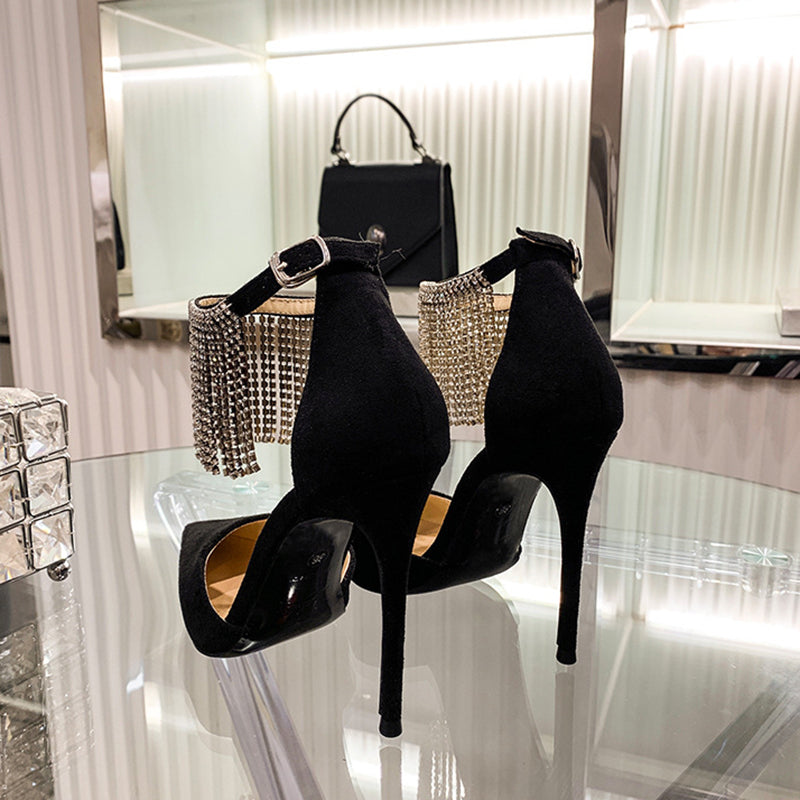 size 11.5 women fringe sandal ankle strap pointed toe heel sandal
