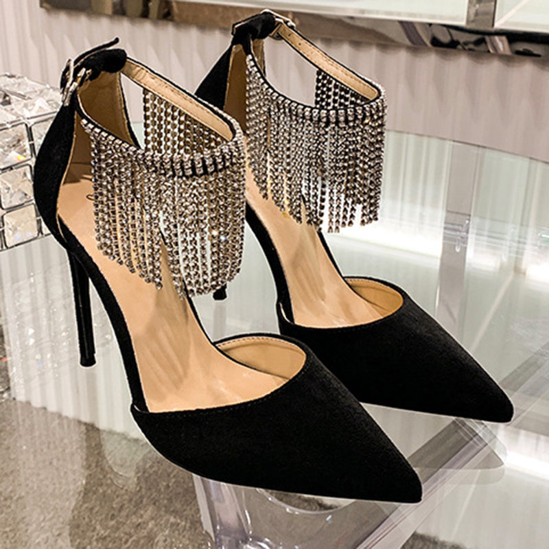 size 11.5 women fringe sandal ankle strap pointed toe heel sandal